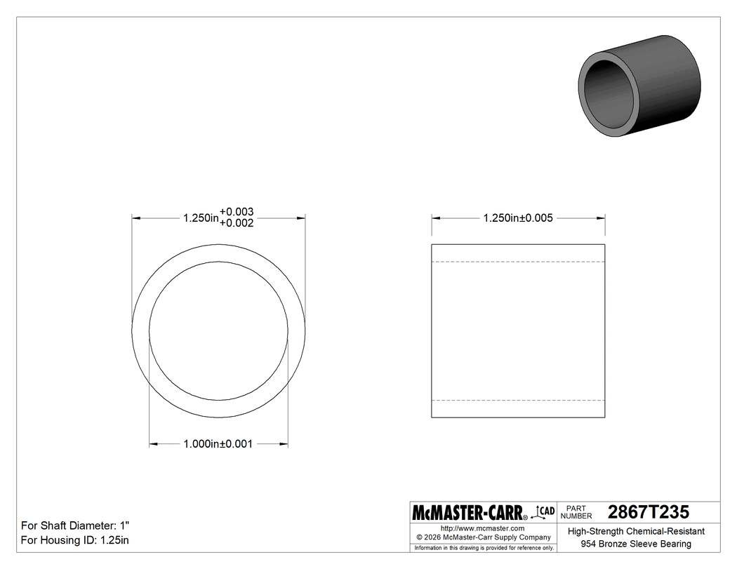 Technical Drawing of High-Strength Chemical-Resistant 954 Bronze Sleeve Bearing, for 1" Shaft Diameter and 1-1/4" Housing ID, 1-1/4" Long.